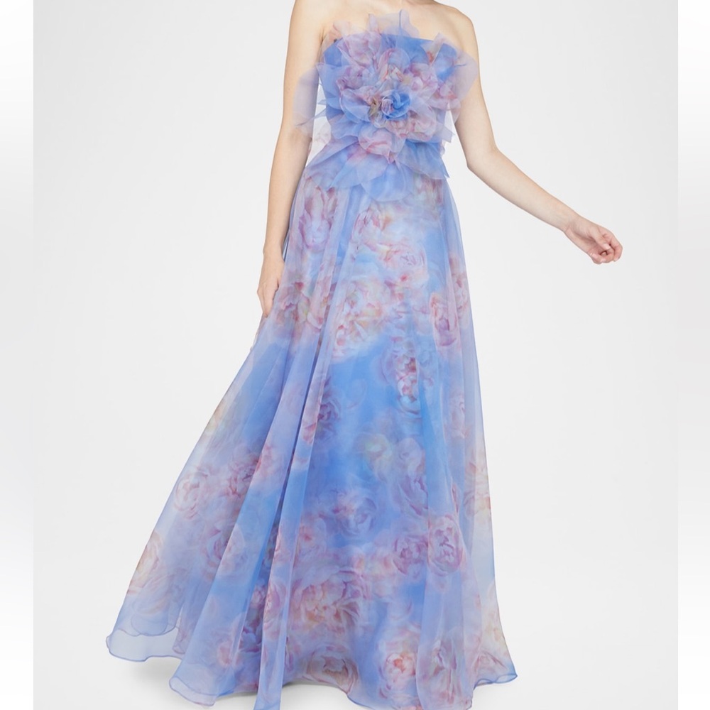 Theia Kimberly Floral Organza Strapless Gown